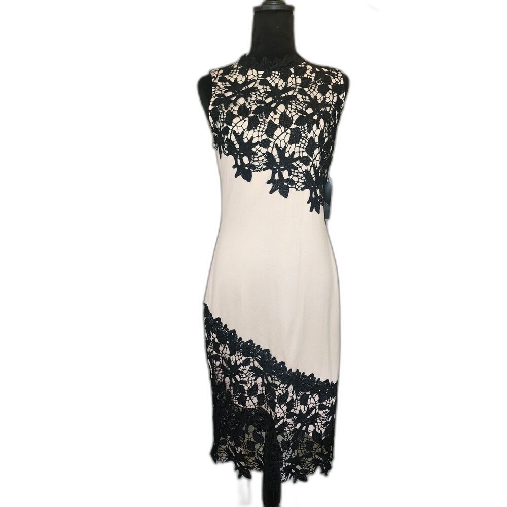 Venus Size 10 Black Guipure Lace Overlay Sheath Dress Blush Pink NWT Formal